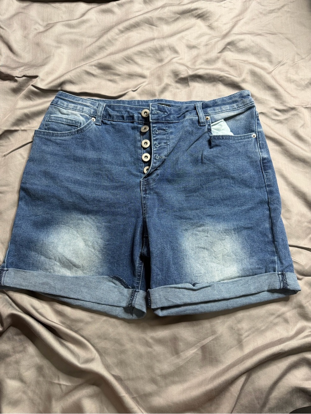 Button-Fly Blue Denim Roll-Hem Jean Shorts